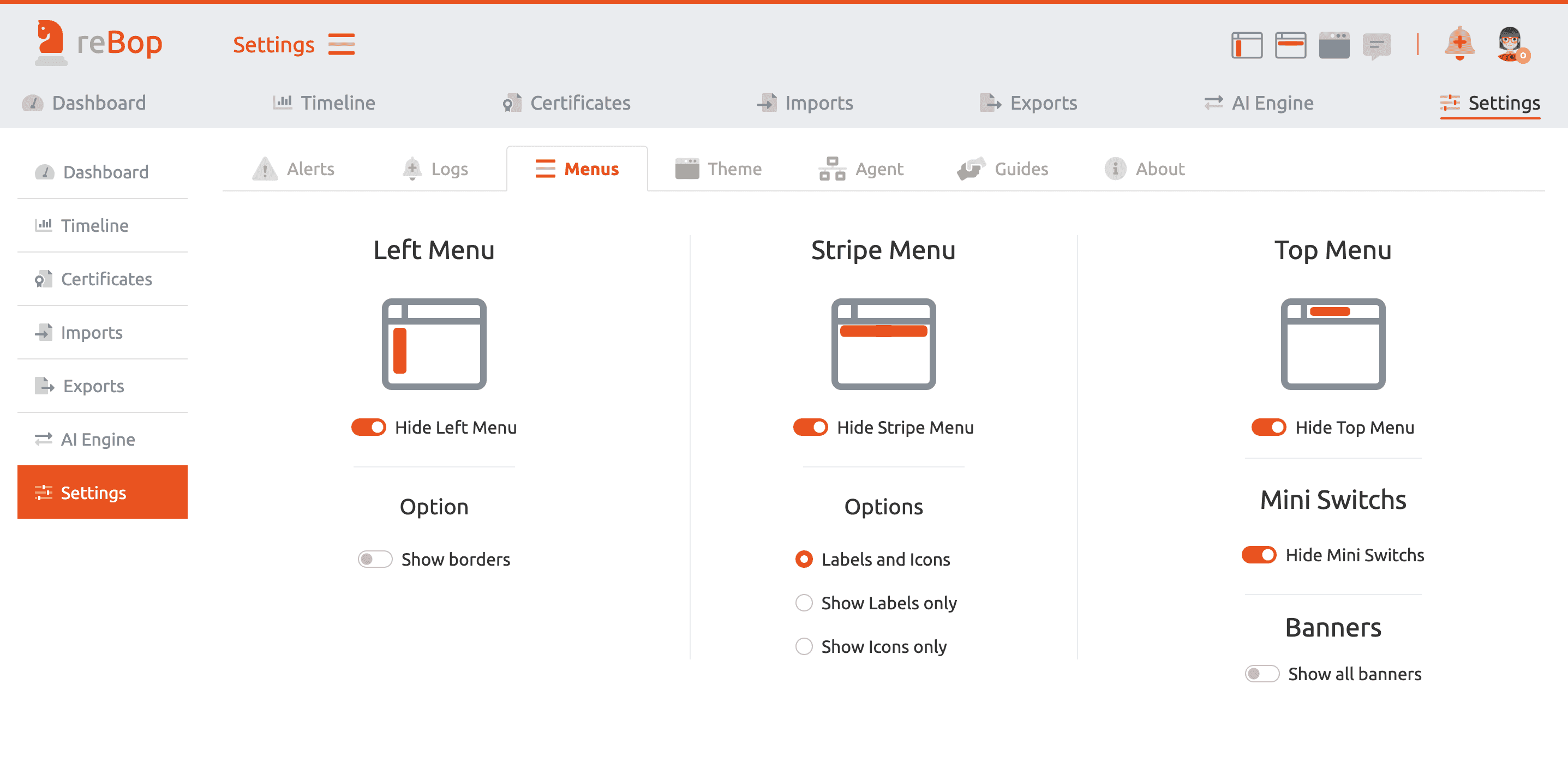 reBop menus settings tab to configure all menus